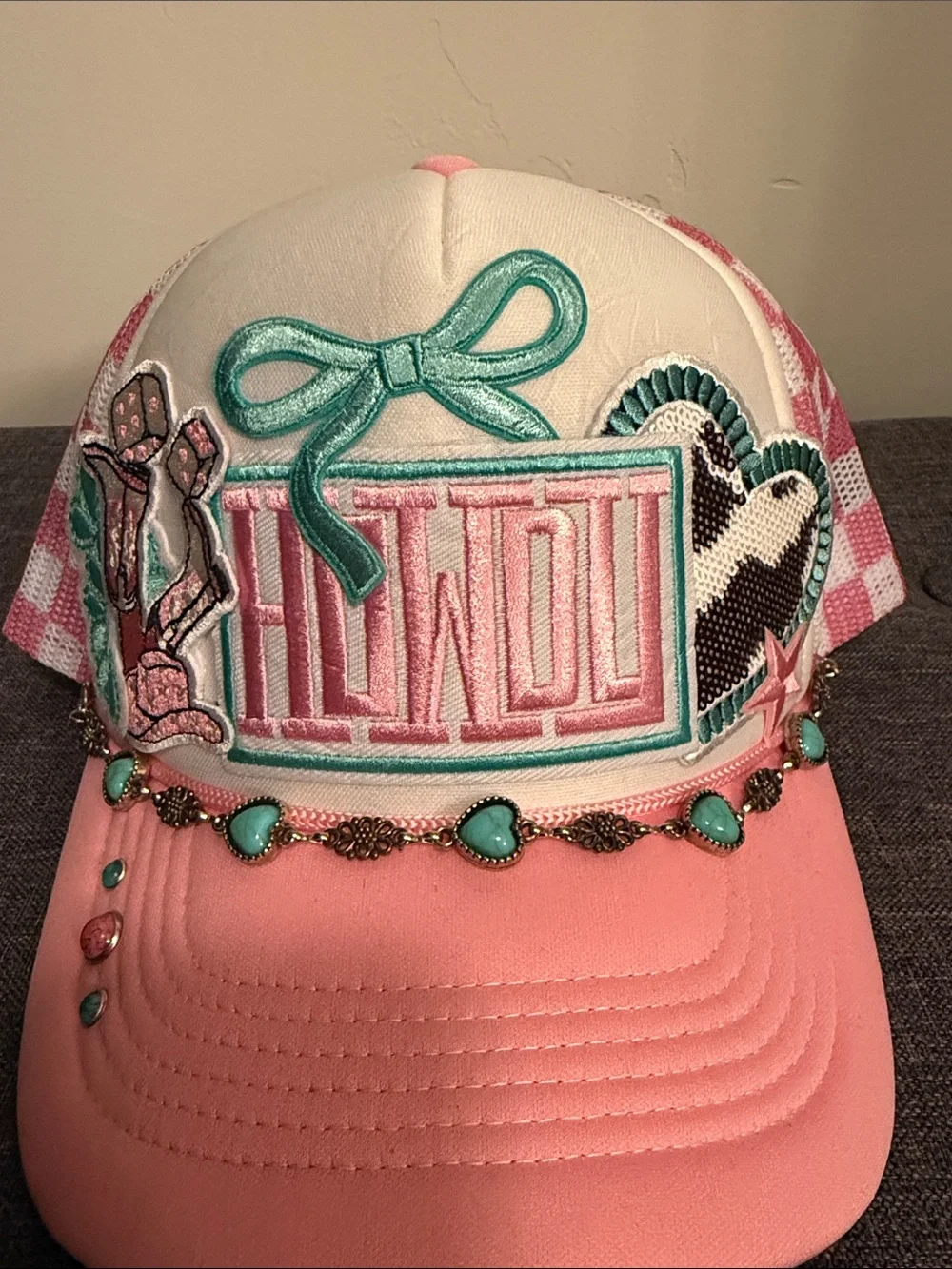 HOWDY Embellished Pink & White Trucker Cap with Turquoise Accents